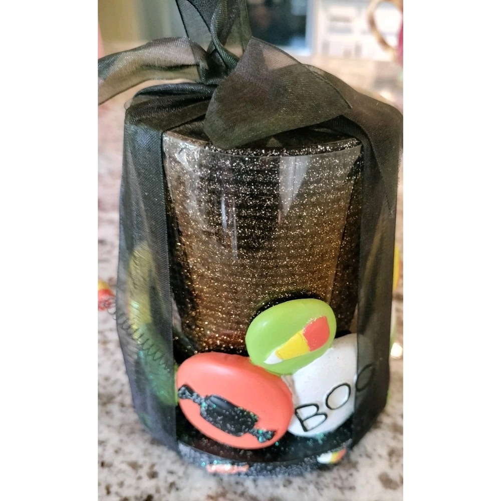 Kohl's Halloween Candle Holder Glass Hurrican Resin Candy Corn Pumpkin Glitter